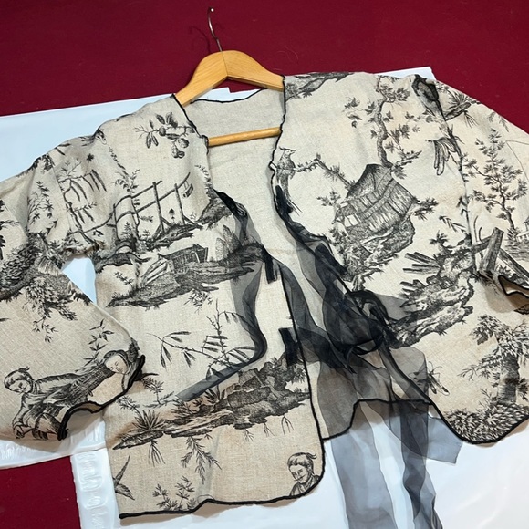 LOUIS SIMON for La Libellule TAN designer ASIAN BLAZER JACKET black ribbon ties - Picture 11 of 16